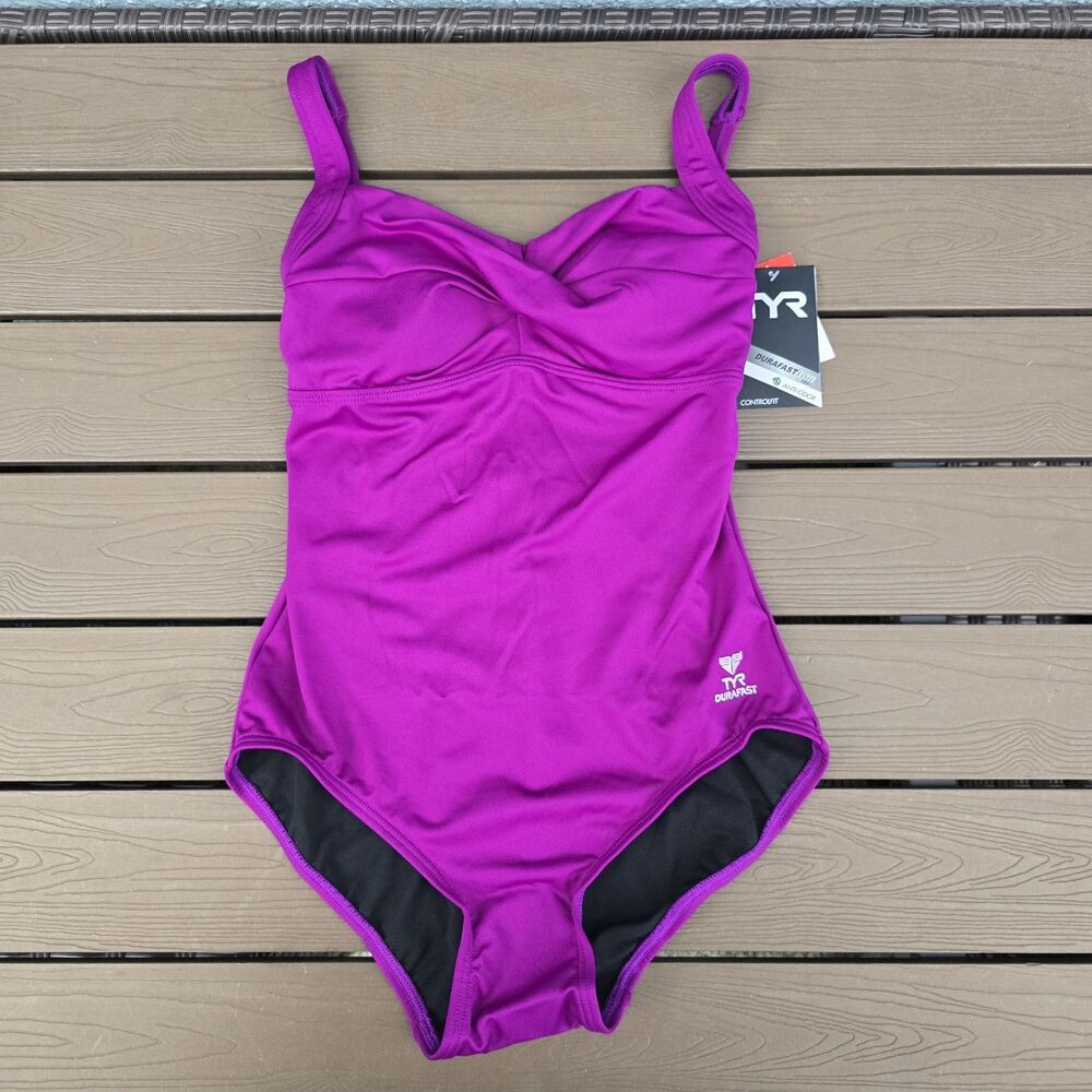 TYR Women's Solid Purple Twisted Bra Control Fit One Piece Swimsuit Size 8 New
